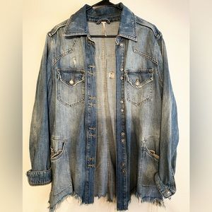 Free People Moonchild Denim Shirt Jacket in Indigo Blue Size S